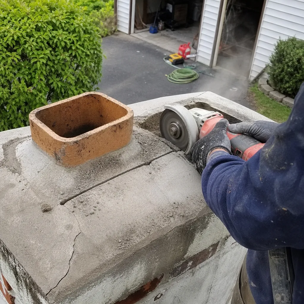 Technician using an angle grinder to repair a concrete chimney crown