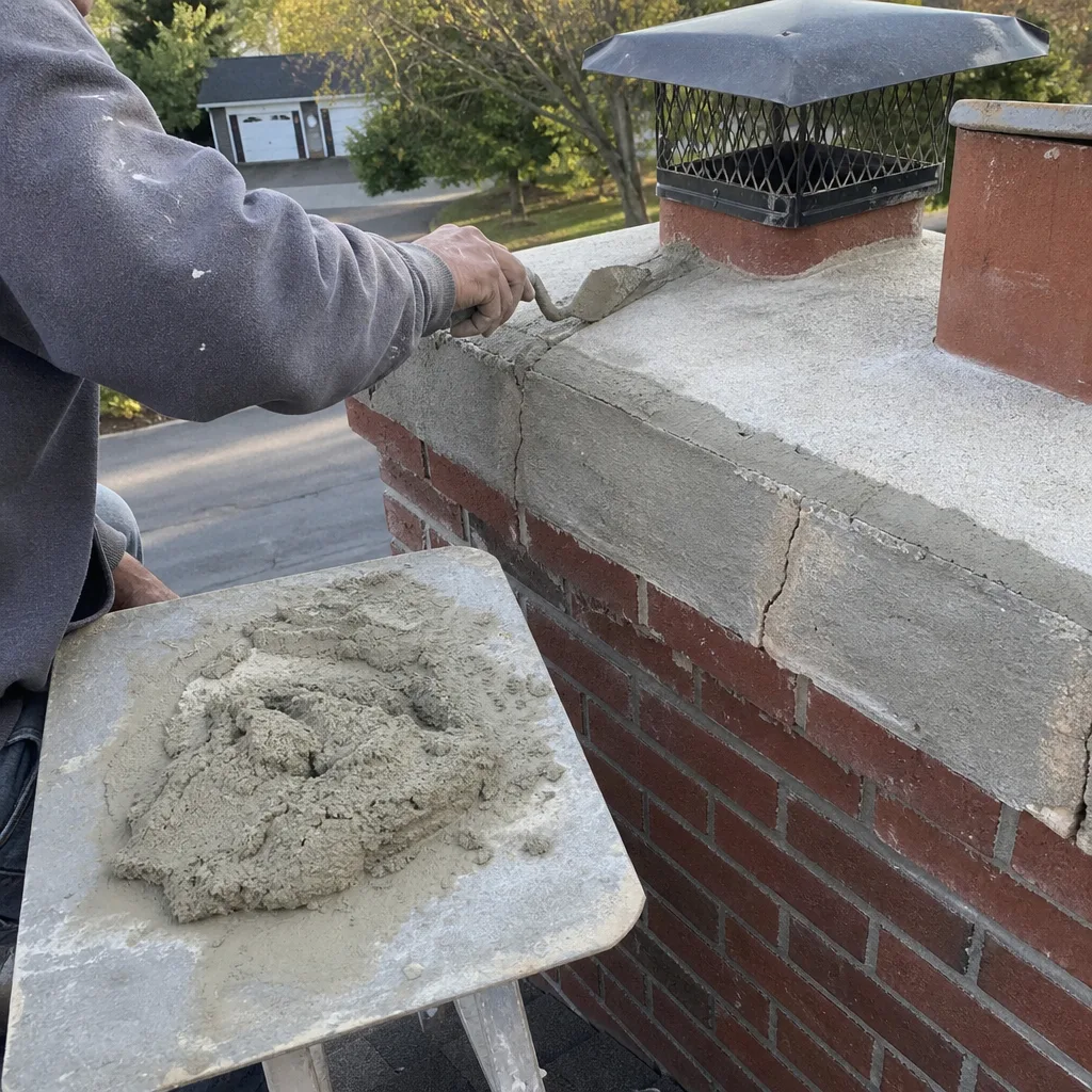 Professional mason applying mortar during a chimney repair project