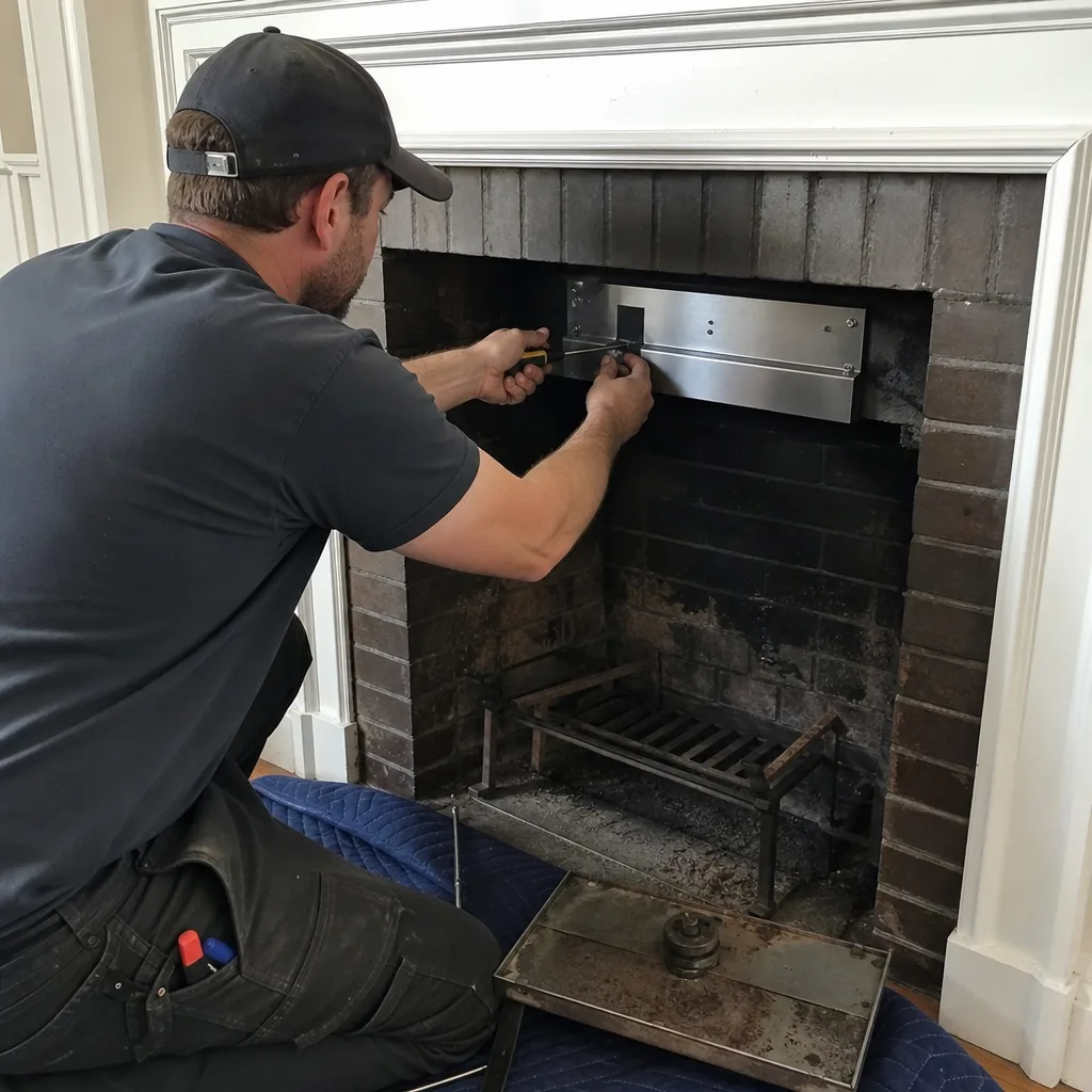 Professional technician installing a fireplace damper plate in a brick hearth