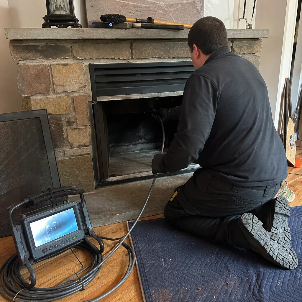 Professional chimney technician performing a video inspection of a residential fireplace