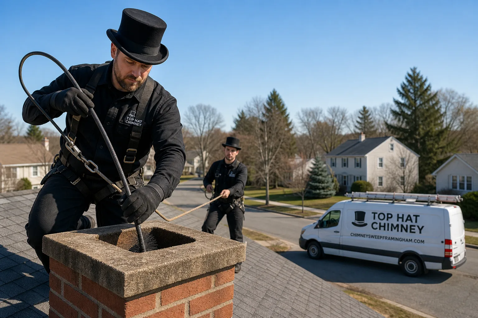 Top Hat Chimney chimney cleaning service vehicle and crew in Framingham, MA